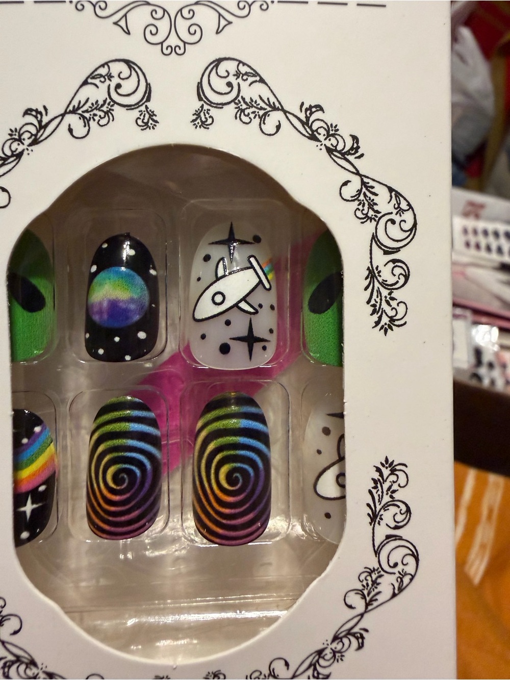 Press-On Nail Set with Rainbow Galaxy & Space Designs - Black, White, Multicolor